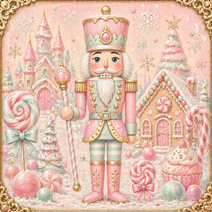 10 x 10 metal Christmas wreath sign featuring a pastel Candyland nutcracker with gingerbread houses, candy canes, peppermint candies, cupcakes, and pastel Christmas trees. Exclusive Trendy Tree Design for deco mesh wreaths, grapevine wreaths, or framing. SKU TTE-495.