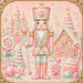 10 x 10 metal Christmas wreath sign featuring a pastel Candyland nutcracker with gingerbread houses, candy canes, peppermint candies, cupcakes, and pastel Christmas trees. Exclusive Trendy Tree Design for deco mesh wreaths, grapevine wreaths, or framing. SKU TTE-495.