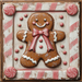 The 10" x 10" Pastel Gingerbread Sign TTE-109 showcases a charming decorative gingerbread figure adorned with a pink bow tie, framed by candy-themed accents in soft pink and white hues on a rustic metal square. The background is decorated with whimsical diagonal stripes and polka dots in pink and white, perfectly capturing the playful essence of the TTE-109 design.