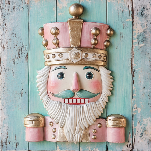 The 10" x 10" Pastel Nutcracker Sign TTE-001 features a whimsical nutcracker adorned with a pink and gold crown, white beard, and rosy cheeks, set against a distressed turquoise wooden background. It has a friendly expression with blue eyes and a mustache, making it an ideal addition to any pink mint green cream decor.
