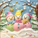 The 10" x 10" Pastel Snowmen Sign TTE-079 features three smiling snowmen adorned with pastel hats and scarves, standing amidst the snow. They are surrounded by falling snowflakes and snow-covered trees decorated with colorful ornaments, all beneath a cheerful light blue sky.