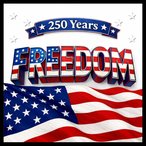 Square 10-inch metal sign with the word FREEDOM in bold red, white, and blue letters above a waving American flag, with a banner reading 250 Years – ideal for patriotic wreaths or home decor.
