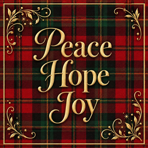 Peace Hope Joy Christmas metal sign with gold lettering and red green black plaid background