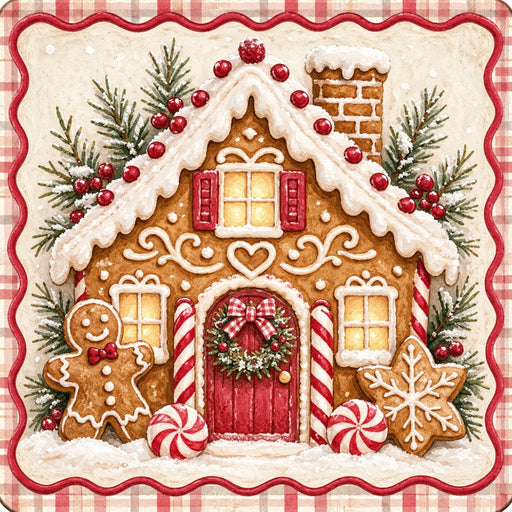 Peppermint gingerbread house Christmas metal sign with candy cane columns, red door, wreath, gingerbread man, snowflake cookie, snowy greenery, and red plaid border, TTE-833.