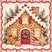 Peppermint gingerbread house Christmas metal sign with candy cane columns, red door, wreath, gingerbread man, snowflake cookie, snowy greenery, and red plaid border, TTE-833.