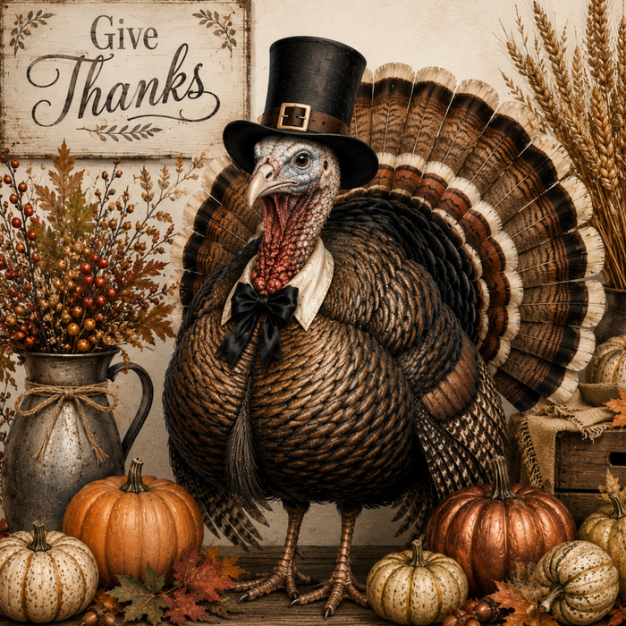 Pilgrim turkey Thanksgiving metal sign for fall wreaths and seasonal front door decor.