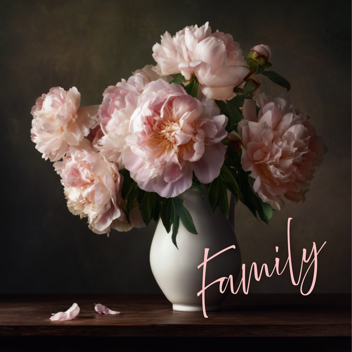 10-inch metal sign with soft pink peonies in a white vase and the word “Family” in elegant script.