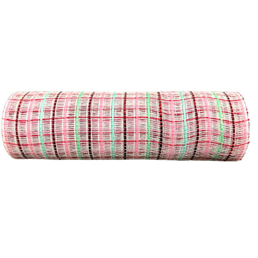 A large roll of Pink Aqua Red White Tweed Mesh, measuring 10 inches by 10 yards, featuring vibrant horizontal and vertical stripes—perfect for creating festive wreaths or adding a splash of color to your craft projects.