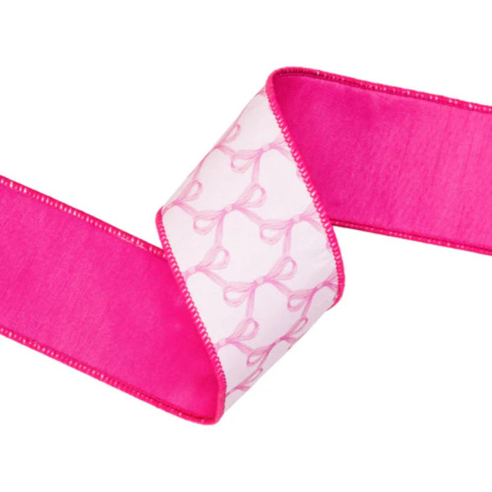 2.5" Ribbon with pink bows on white dupioni, double sided with pink backing. Wired. 9362W-156-63E