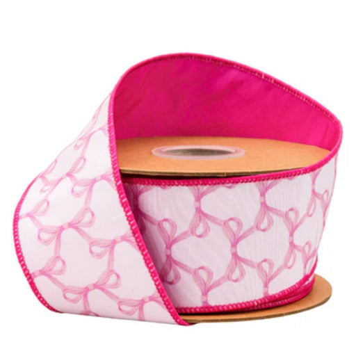2.5" Ribbon with pink bows on white dupioni, double sided with pink backing. Wired. 9362W-156-63E