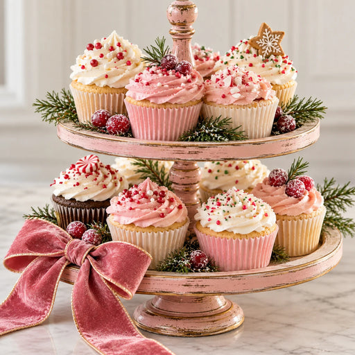 Flat metal Christmas sign featuring a distressed pink two-tiered tray filled with cupcakes decorated in pink and white frosting, Christmas sprinkles, peppermint candies, and a gingerbread star. Evergreen sprigs, frosted red berries, and a large pink velvet bow with gold trim accent the festive display. TTE-860.