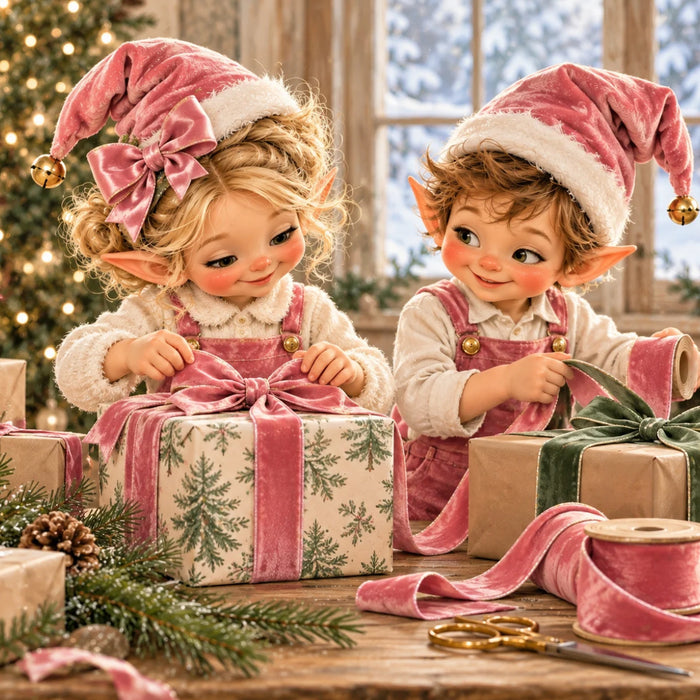 Flat metal Christmas sign featuring two adorable elves wearing pink velvet Santa hats and overalls, wrapping Christmas presents with pink and green velvet ribbons. Wrapped gifts, evergreen branches, a glowing Christmas tree, and snowy windows complete the holiday scene. TTE-853.