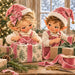 Flat metal Christmas sign featuring two adorable elves wearing pink velvet Santa hats and overalls, wrapping Christmas presents with pink and green velvet ribbons. Wrapped gifts, evergreen branches, a glowing Christmas tree, and snowy windows complete the holiday scene. TTE-853.
