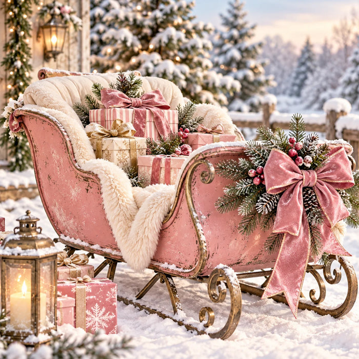 Flat metal Christmas sign featuring a vintage distressed pink sleigh filled with wrapped pink and gold Christmas presents, a soft cream blanket, evergreen branches, red berries, and large pink velvet bows. A glowing lantern and snow-covered evergreen trees complete the winter scene. TTE-861.