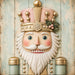 Pink sage green and gold nutcracker Christmas metal wreath sign on distressed aqua wood background