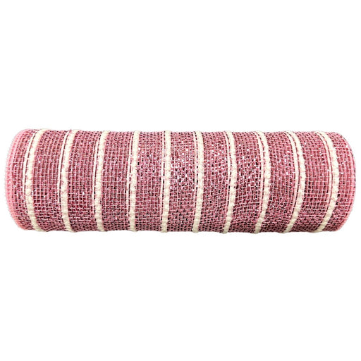 Pink heavy metallic mesh roll with raised white snowball stripes, 10 inches x 10 yards for wreath making, SKU XB254610-44.