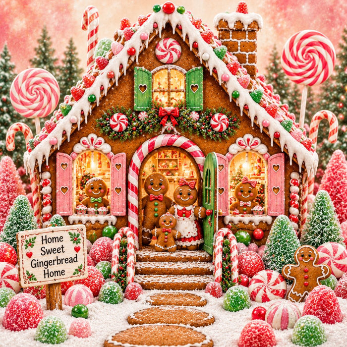 Pink Home Sweet Gingerbread Home Christmas metal wreath sign with gingerbread family, candy and peppermint accents.