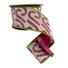 A spool of Pink Jacquard Candy Cane Wired Ribbon with Pink Dupioni Back, measuring 2.5 inches by 5 yards, features charming candy cane patterns on a light background and is perfect for adding festive flair to your Christmas wreaths.