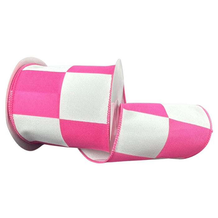 Pink and white Jordan check linen ribbon, 4 inch wired ribbon on spool for wreath making, large bows, and decorative wreath accents