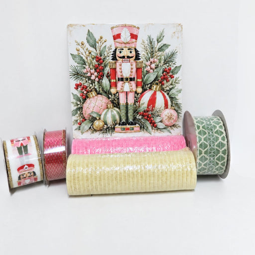 pink and green Christmas nutcracker wreath supply bundle, ivory mesh, pink mesh, sage green ribbon, nutcracker ribbon, and pink ribbon with gold overlay, exclusive pink nutcracker metal sign.