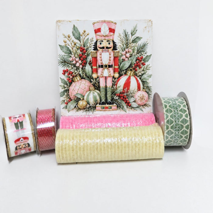 pink and green Christmas nutcracker wreath supply bundle, ivory mesh, pink mesh, sage green ribbon, nutcracker ribbon, and pink ribbon with gold overlay, exclusive pink nutcracker metal sign.