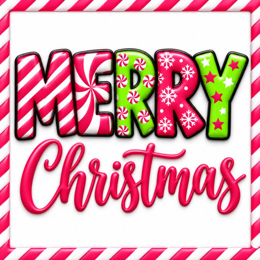 Pink peppermint Merry Christmas metal sign with candy cane stripes, lime green accents and snowflakes