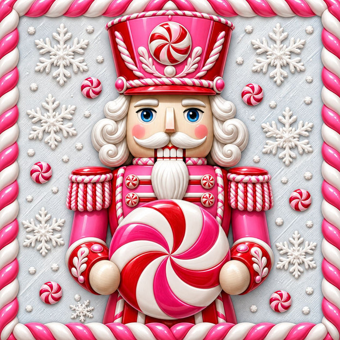 Pink peppermint nutcracker Christmas metal sign with candy details and wintry accents, TTE-789