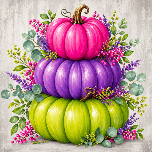 TTE-461 metal sign featuring a stack of pink, purple, and lime green pumpkins surrounded by colorful florals, berries, eucalyptus, and greenery.