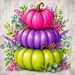 TTE-461 metal sign featuring a stack of pink, purple, and lime green pumpkins surrounded by colorful florals, berries, eucalyptus, and greenery.