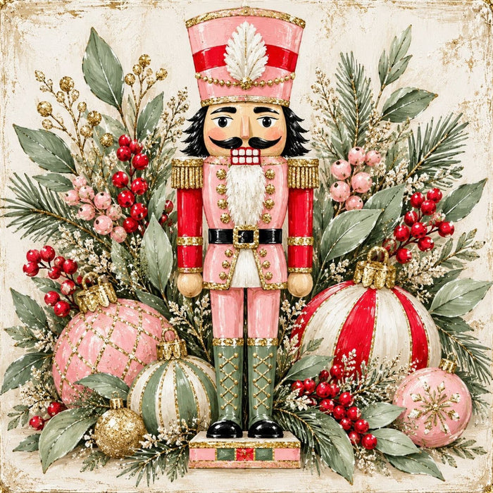 Pink red and green Christmas nutcracker with ornaments, berries, greenery and gold accents metal sign