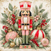 Pink red and green Christmas nutcracker with ornaments, berries, greenery and gold accents metal sign