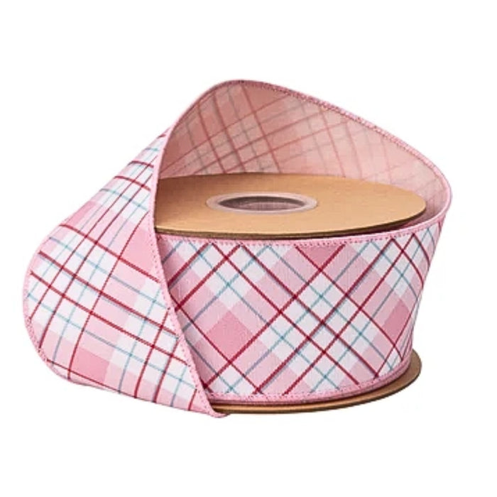 A spool of Pink Red and White Bias Plaid Wired Dupioni Ribbon 2.5″ x 10 Yards 9761W-150-63E featuring a pink, red, and white diagonal pattern.
