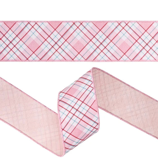 Pink Red and White Bias Plaid Wired Dupioni Ribbon 2.5″ x 10 Yards 9761W-150-63E featuring a red and white diagonal pattern on one side and a solid light pink underside, ideal for Valentine wreaths.
