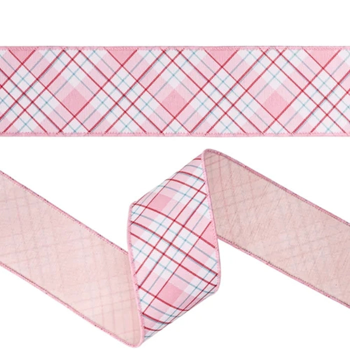 Pink Red and White Bias Plaid Wired Dupioni Ribbon 2.5″ x 10 Yards 9761W-150-63E featuring a red and white diagonal pattern on one side and a solid light pink underside, ideal for Valentine wreaths.
