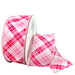 Roll of white satin ribbon with a pink, red, and white argyle plaid dash pattern and wired pink stitched edges; 1.5 inches wide.