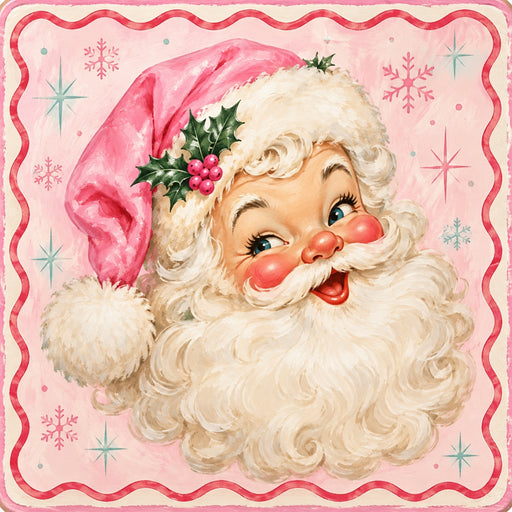 Pink retro Santa Christmas metal sign featuring a smiling vintage Santa face with a pink hat, rosy cheeks, white beard, holly accents, pastel snowflakes, and red scalloped border, TTE-834.