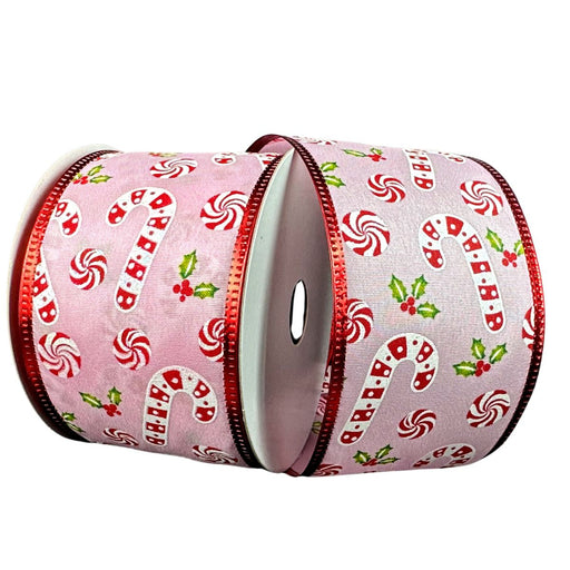 Pink satin Christmas wired ribbon with candy canes, peppermint candies, and holly, 2.5 inches x 10 yards.