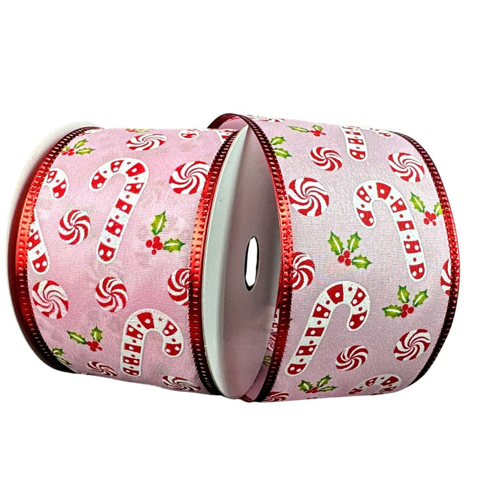 Pink satin Christmas wired ribbon with candy canes, peppermint candies, and holly, 2.5 inches x 10 yards.