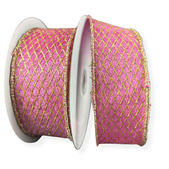 Pink velvet wired ribbon with metallic gold diamond net overlay, 1.5 inches by 10 yards.