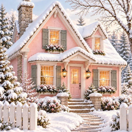 Pink winter cottage with snow-covered roof, glowing windows, gray shutters, pink flowers, white picket fence, and snowy evergreens on a flat metal sign, TTE-890.