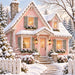 Pink winter cottage with snow-covered roof, glowing windows, gray shutters, pink flowers, white picket fence, and snowy evergreens on a flat metal sign, TTE-890.