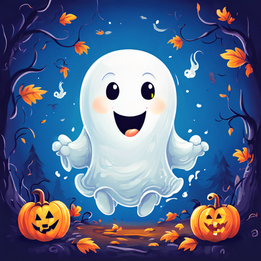 A cute, smiling cartoon ghost floats between two carved pumpkins amid autumn leaves and dark trees under a blue night sky, creating a playful Halloween scene. The Trendy Tree Playful Halloween Ghost Square Metal Sign TT-201 adds charming and festive Halloween decor to any space.