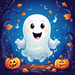 A cute, smiling cartoon ghost floats between two carved pumpkins amid autumn leaves and dark trees under a blue night sky, creating a playful Halloween scene. The Trendy Tree Playful Halloween Ghost Square Metal Sign TT-201 adds charming and festive Halloween decor to any space.