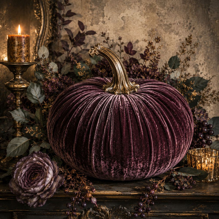 10 x 10 metal fall wreath sign featuring a deep plum velvet pumpkin with candlelight, elegant florals, and botanical accents. Exclusive Trendy Tree Design for deco mesh wreaths, grapevine wreaths, or framing. SKU TTE-493.