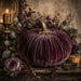 10 x 10 metal fall wreath sign featuring a deep plum velvet pumpkin with candlelight, elegant florals, and botanical accents. Exclusive Trendy Tree Design for deco mesh wreaths, grapevine wreaths, or framing. SKU TTE-493.