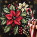 The 10" x 10" Red and White Poinsettias with Candy Cane Sign TTE-014 is a festive Christmas-themed arrangement that showcases red and white poinsettias, holly leaves, a candy cane sign nestled among red berries and a pine cone—all set against a dark background adorned with subtle gold snowflakes.