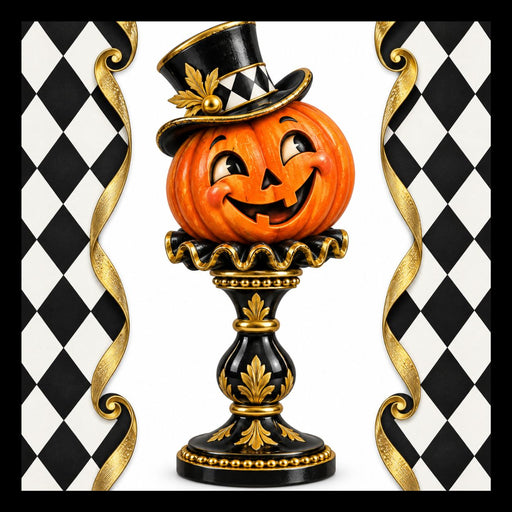 Smiling pumpkin head Halloween metal sign with black and white harlequin pattern, top hat and ornate gold accents TTE-771