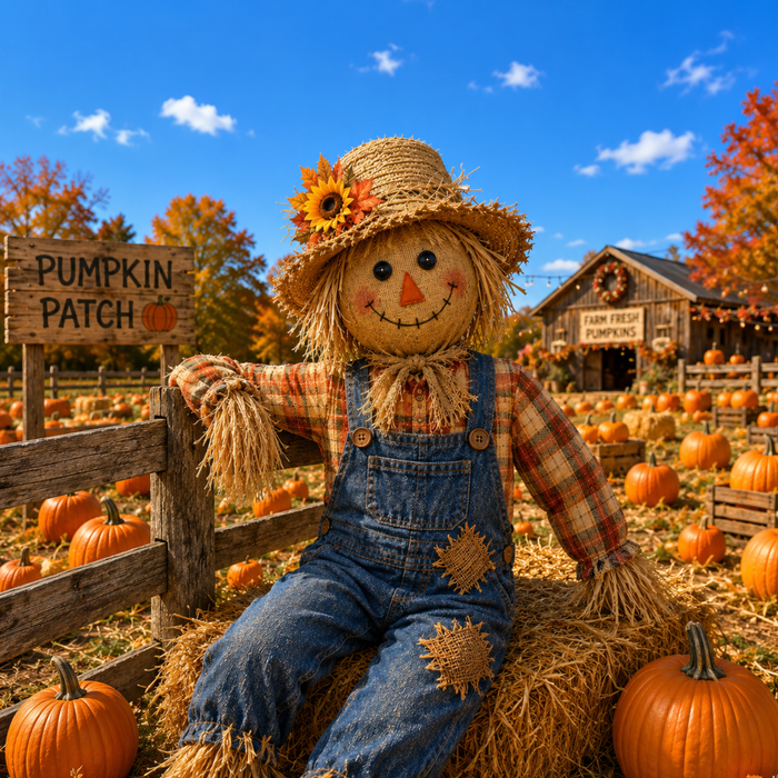 pumpkin patch scarecrow metal sign featuring a smiling scarecrow in denim overalls sitting on a hay bale surrounded by pumpkins, rustic farm buildings, and colorful autumn foliage.
