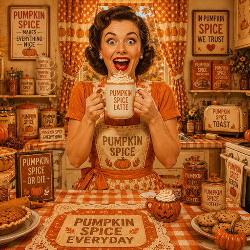 Pumpkin Spice Everyday 10 inch metal fall sign with humorous retro woman holding a pumpkin spice latte in a vintage orange kitchen, TTE-625.
