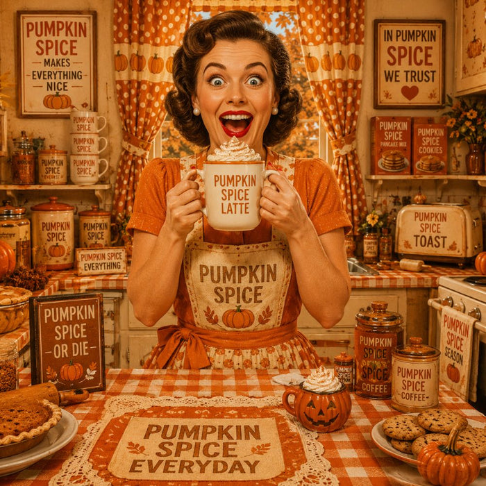 Pumpkin Spice Everyday 10 inch metal fall sign with humorous retro woman holding a pumpkin spice latte in a vintage orange kitchen, TTE-625.